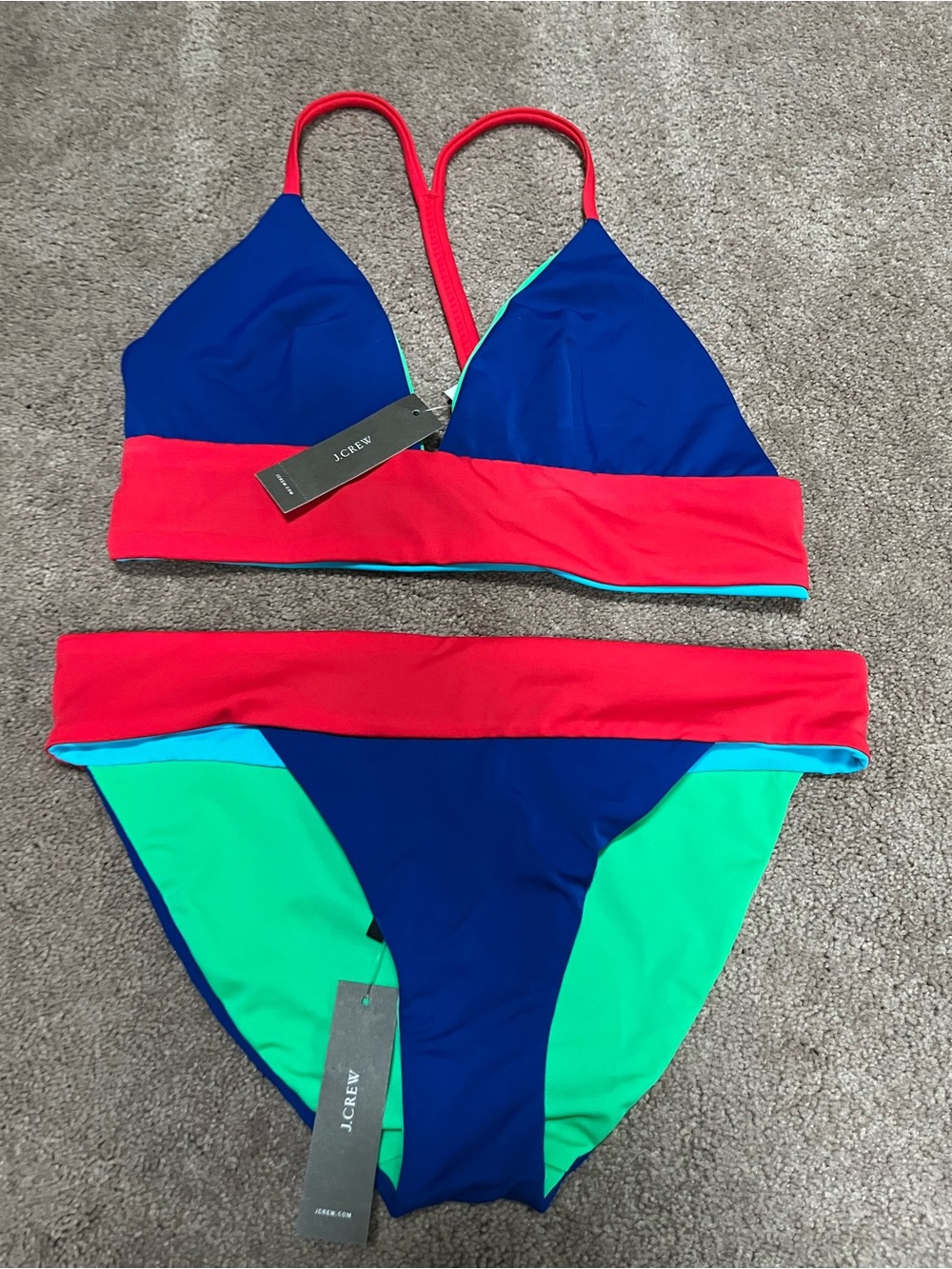 J. Crew Colorblock Blue, Red & Teal Triangle Bikini